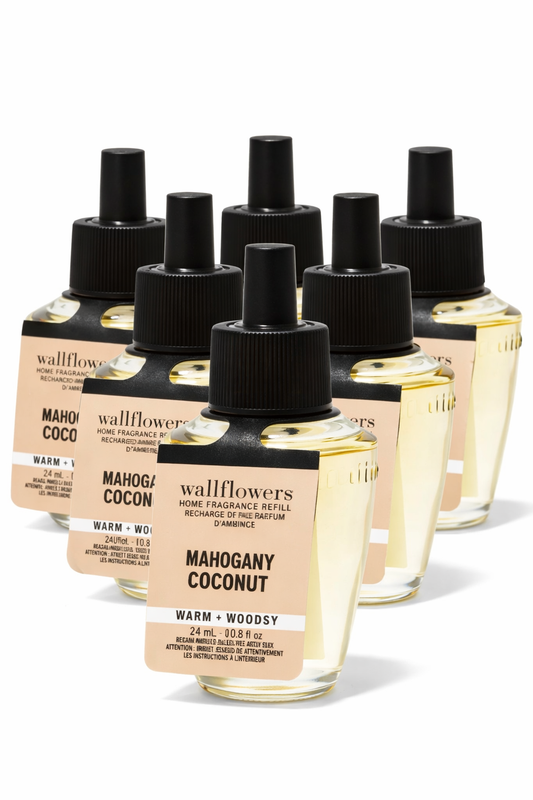 Bath & Body Works Wallflowers Mahogany Coconut refill 24ml 6 pack home fragrance plug-in oil warm woodsy scent bundle