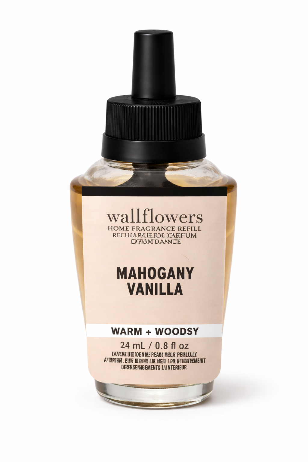 Bath & Body Works Wallflowers Mahogany Vanilla refill 24ml warm woody single bottle white background MWG