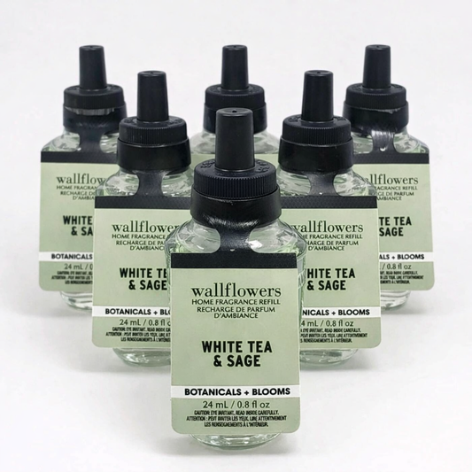 Bath and Body Works Wallflowers White Tea and Sage 6 pack home fragrance refill 24ml bundle air freshener plug in oil clean fresh scent