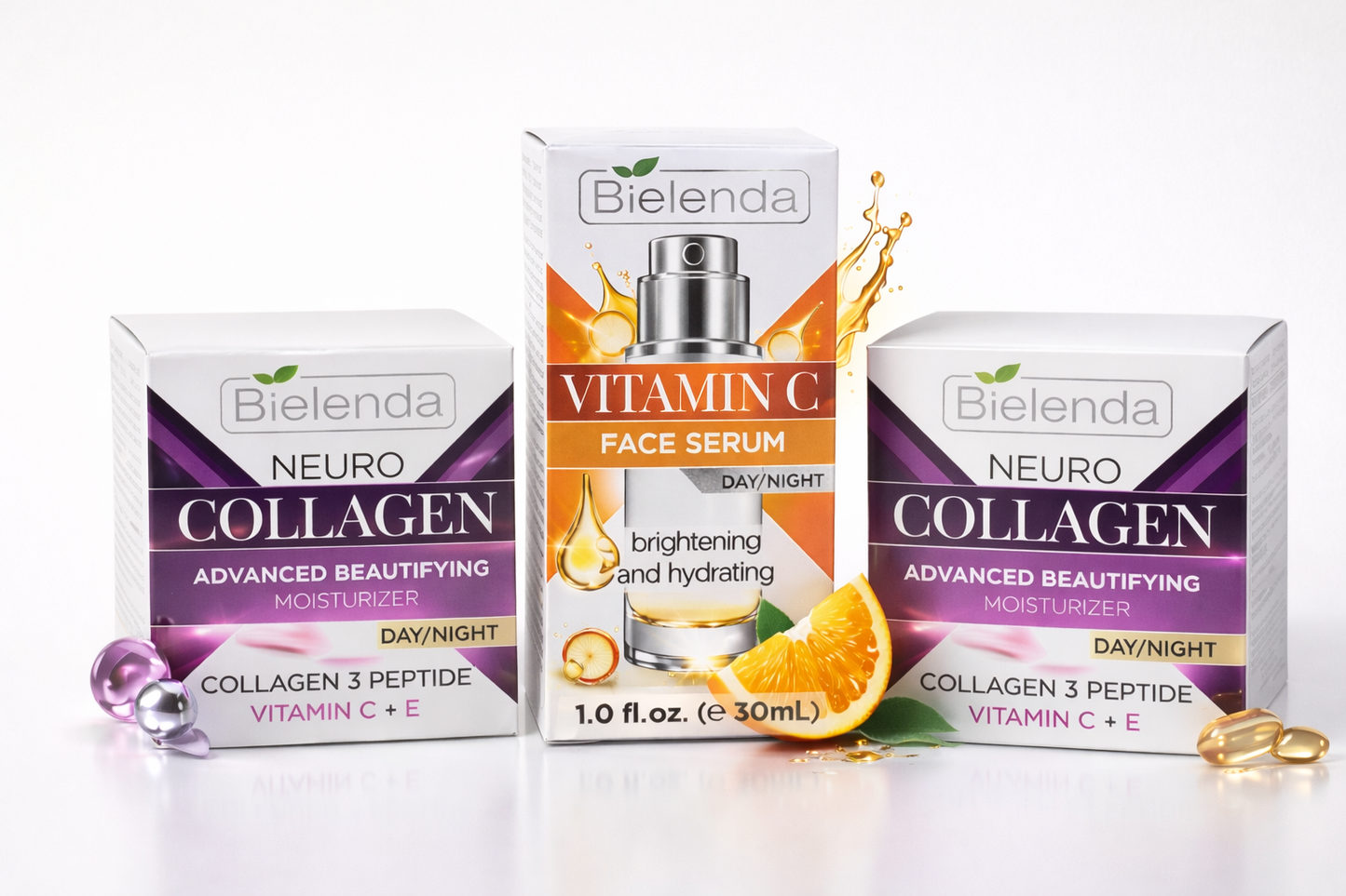 Bielenda Professional skincare bundle featuring collagen moisturizers and vitamin C serum designed for anti-aging, hydration and skin radiance.