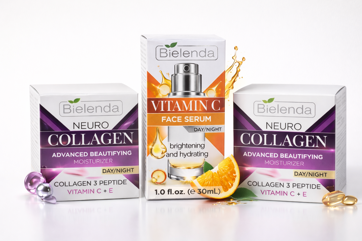 Bielenda Professional skincare bundle featuring collagen moisturizers and vitamin C serum designed for anti-aging, hydration and skin radiance.