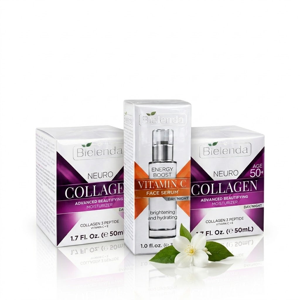 Bielenda Professional Collagen and Vitamin C Skincare Set including collagen moisturizers and vitamin C serum for hydration, firming and brighter looking skin.