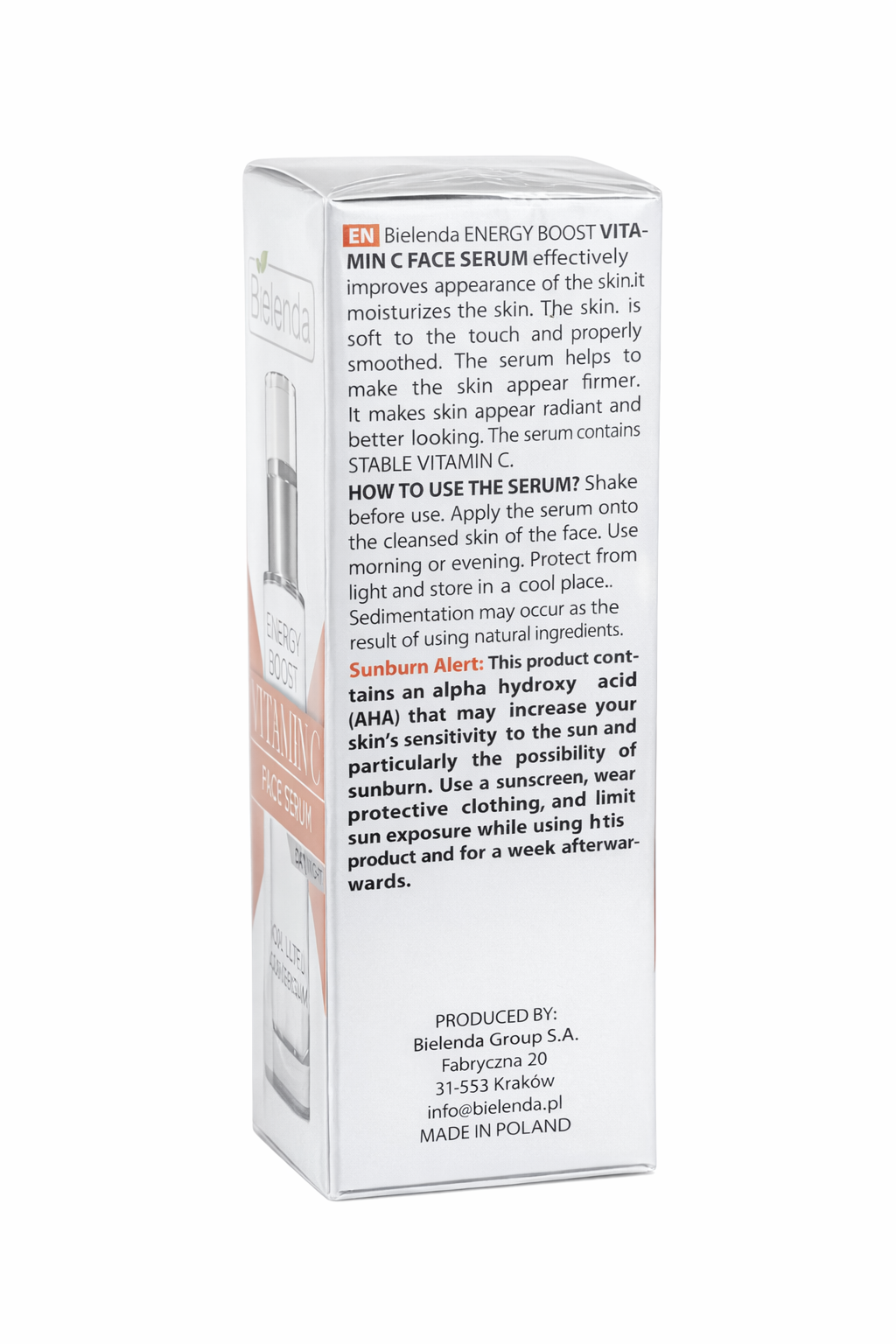 Bielenda Energy Boost Vitamin C serum side view packaging 30ml brightening hydrating face serum skincare My Wrinkles Gone