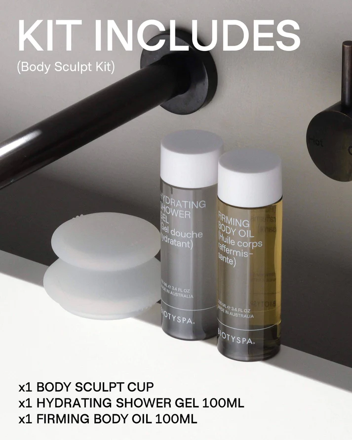 Biotyspa Body Sculpt Kit contents including firming body oil hydrating shower gel and body sculpt massage cup for luxury self care routines