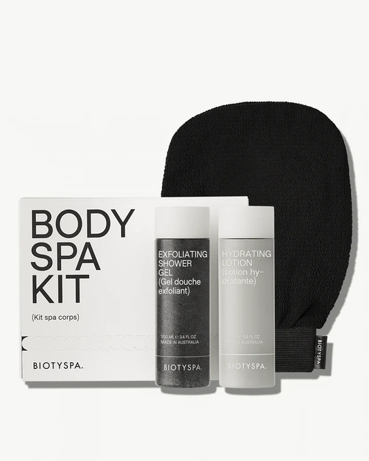 BIOTYSPA Body Spa Kit luxury self-care gift set featuring exfoliating shower gel, hydrating lotion, and spa exfoliating glove for at-home wellness routines.