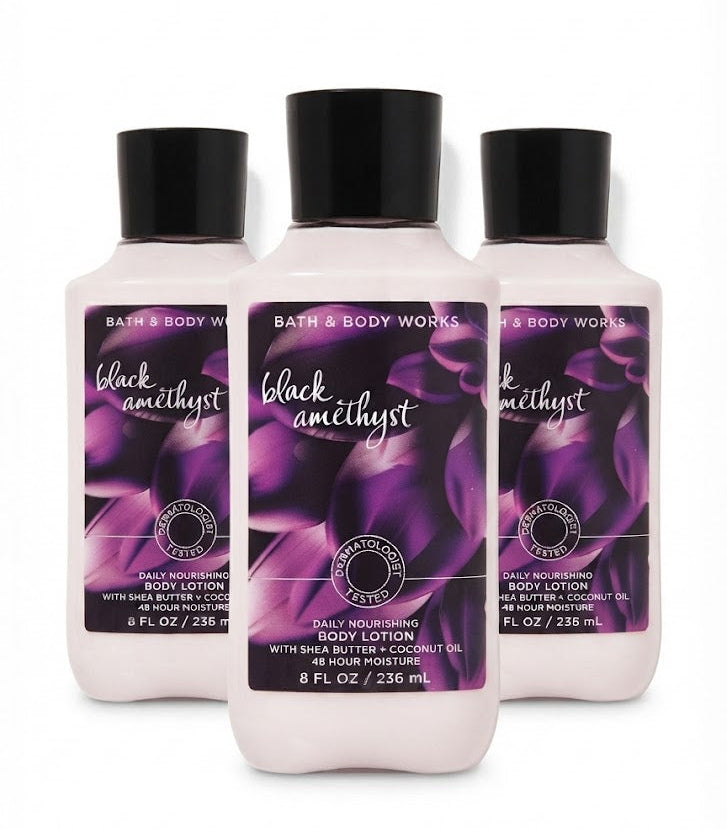 BLACK AMETHYST Bath & Body Works Body Lotion 3-Pack, 8 oz each, moisturizing purple floral lotion bottles