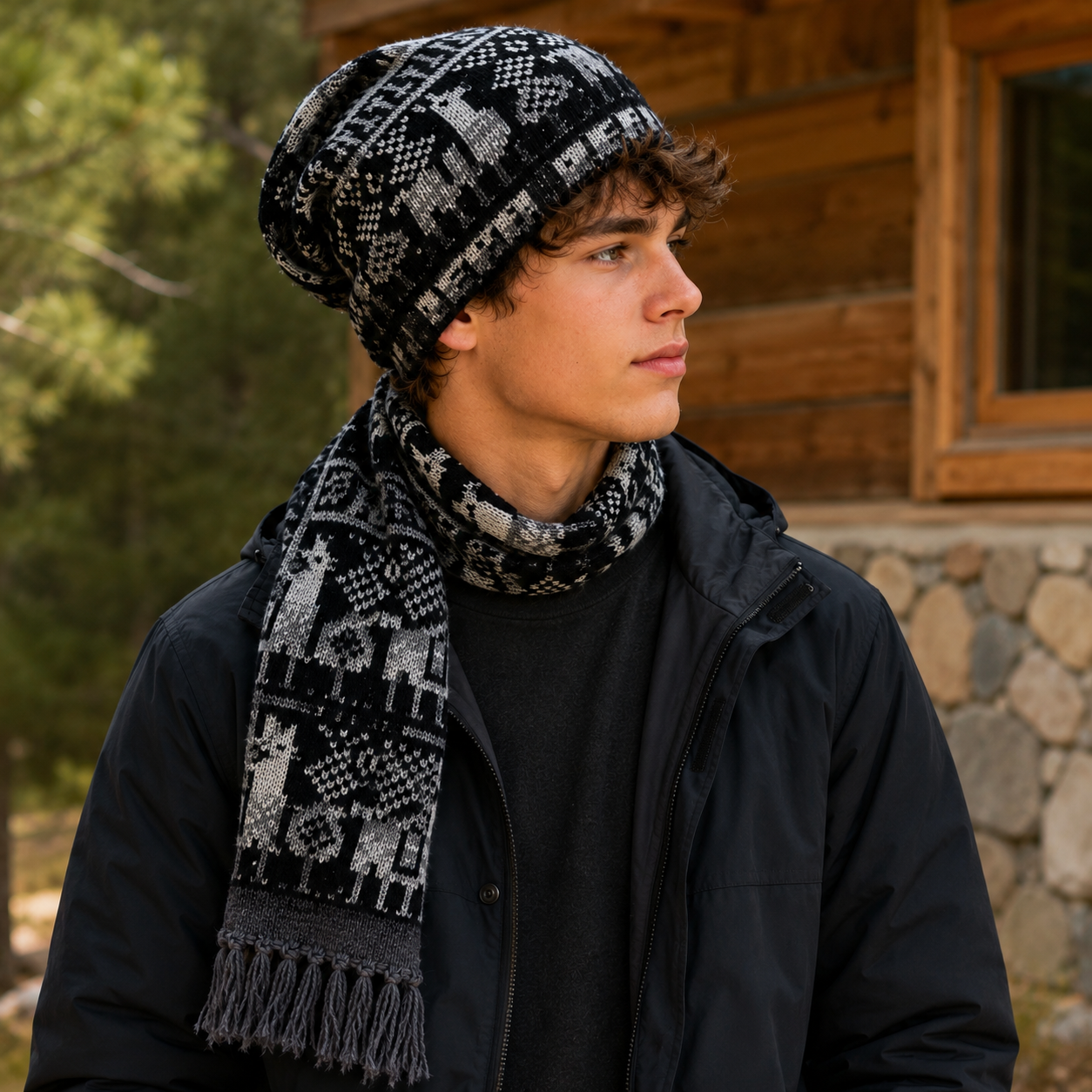 Young man wearing a black and gray alpaca-pattern chullo beanie scarf with one fringed end outdoors.