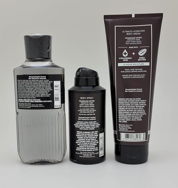 Bath & Body Works BLACK TIE Men’s 3 Step with 3-in-1 wash, hydration body cream and deodorizing body spray. Back view.