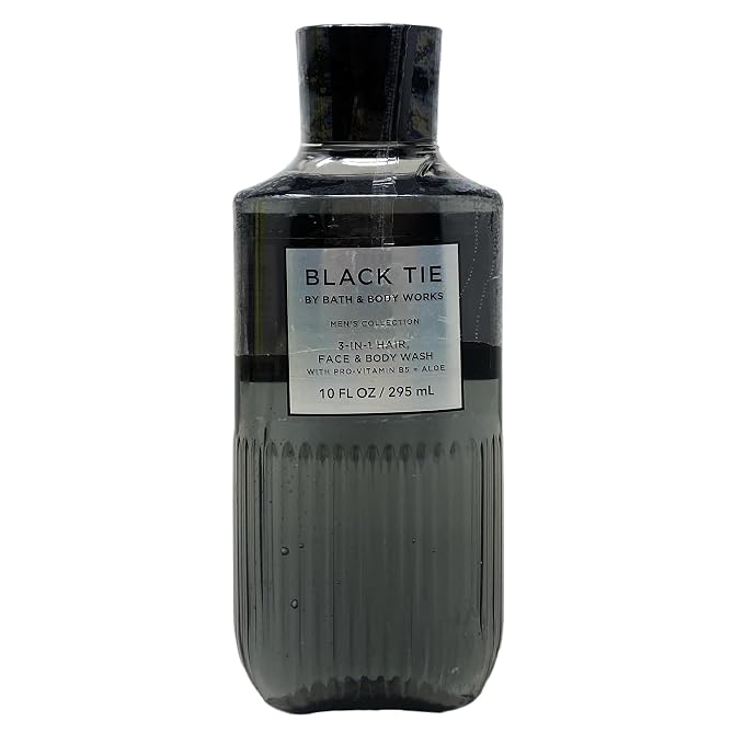A 10 fl oz bottle of Black Tie by Bath & Body Works men's skin care face and body wash, featuring a dark gray ribbed bottle and a black cap on a white background.