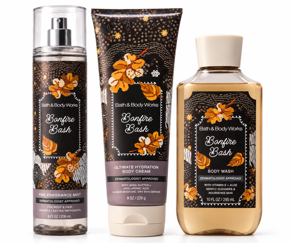 BONFIRE BASH Bath & Body Works 3 Step Body Care Set with Fine Fragrance Mist Body Cream and Body Wash