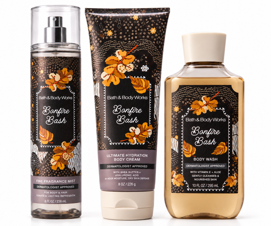 BONFIRE BASH Bath & Body Works 3 Step Body Care Set with Fine Fragrance Mist Body Cream and Body Wash