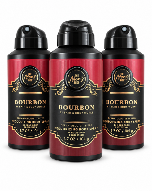 Three Bath & Body Works BOURBON Deodorizing Body Spray for Men 3.7 oz bottles