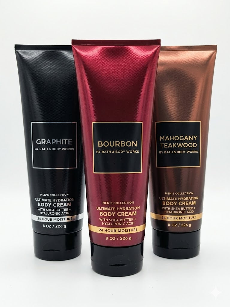 Bourbon Graphite Mahogany Teakwood Bath & Body Works Men’s Body Cream 3 Pack 8 oz each popular masculine fragrance bundle hydrating shea butter hyaluronic acid