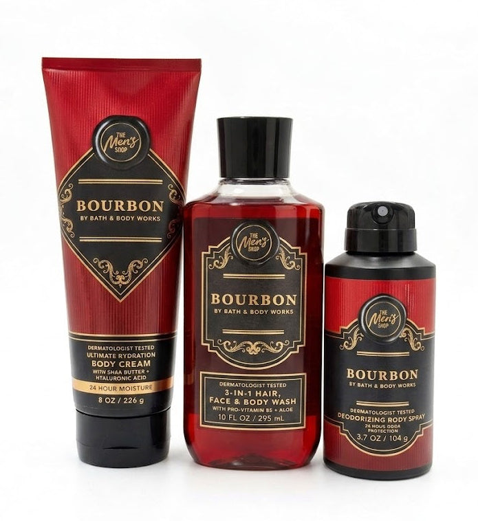 BOURBON men’s body care set Bath & Body Works body cream 8 oz 3-in-1 hair face body wash 10 oz and body spray 3.7 oz masculine fragrance routine gift set