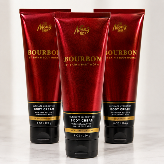 Bath & Body Works BOURBON Men's Body Cream 3-Pack bundle 8 oz each with shea butter and hyaluronic acid long-lasting hydration men's grooming gift set
