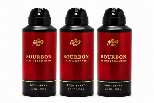Bath & Body Works BOURBON Men's Body Spray 3-Pack bundle 3.7 oz each authentic men's fragrance spray gift set with bourbon woods and spice scent profile free shipping USA