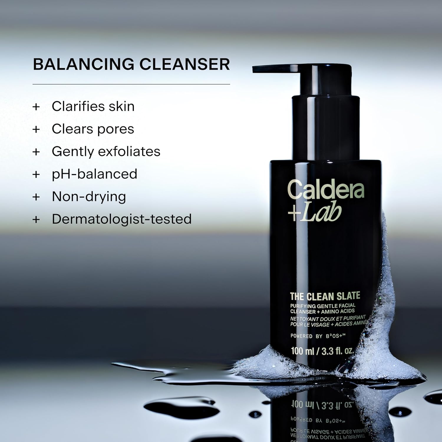 Caldera + Lab The Clean Slate facial cleanser benefits image featuring balancing cleanser technology and premium men’s skincare ingredients.