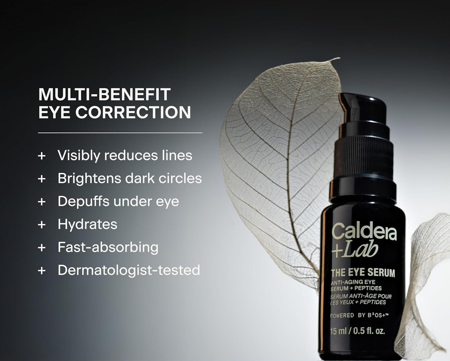 Caldera + Lab The Eye Serum multi-benefit eye correction treatment designed to reduce fine lines brighten dark circles depuff hydrate and smooth under-eye skin.
