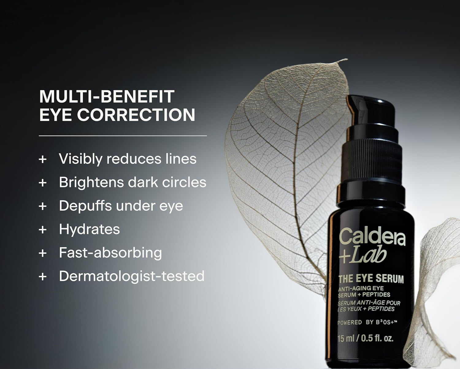 Caldera + Lab The Eye Serum multi-benefit eye correction treatment designed to reduce fine lines brighten dark circles depuff hydrate and smooth under-eye skin.