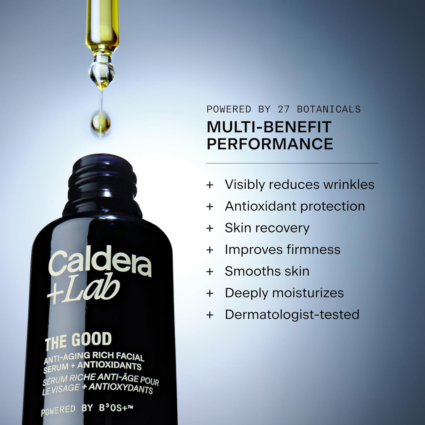 Caldera + Lab The Good luxury anti-aging face serum featuring antioxidant protection wrinkle support skin recovery hydration and dermatologist-tested skincare benefits.
