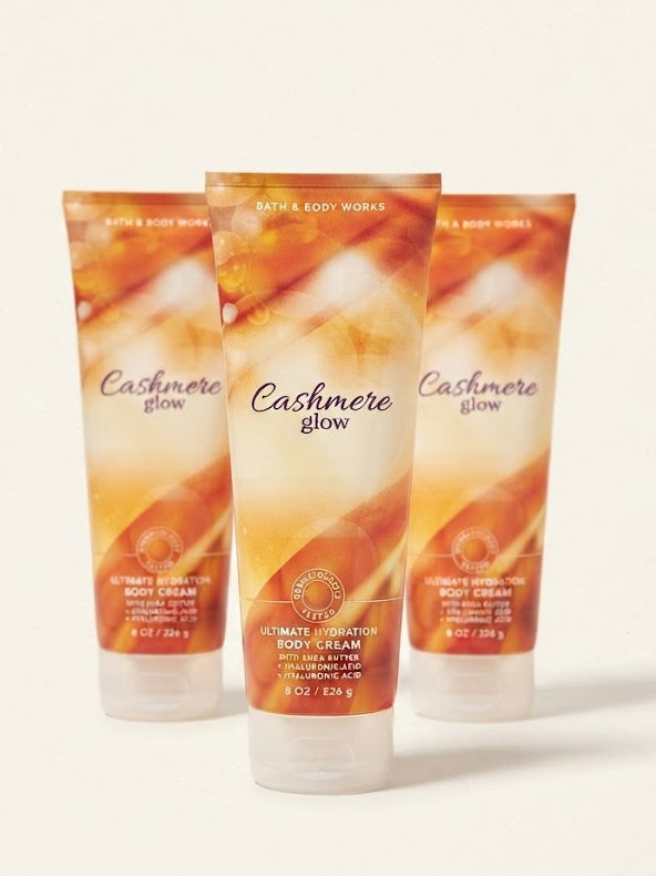 CASHMERE GLOW Bath & Body Works Ultimate Hydration Body Cream 3-Pack, 8 oz each, warm peach vanilla body cream tubes