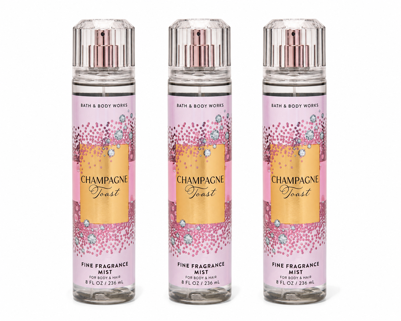 CHAMPAGNE TOAST Bath & Body Works Fine Fragrance Mist 3-Pack 8 fl oz body spray bundle with bubbly champagne inspired fruity scent