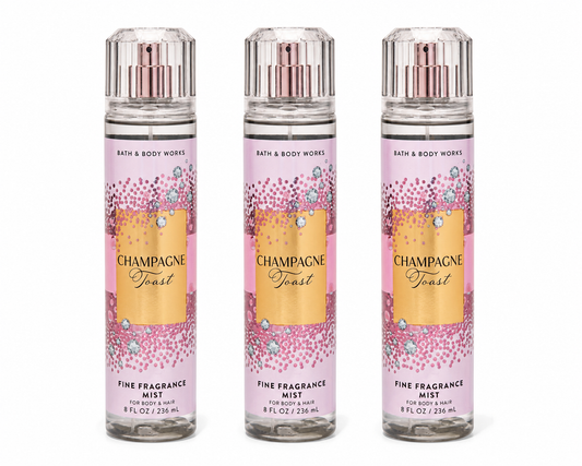 CHAMPAGNE TOAST Bath & Body Works Fine Fragrance Mist 3-Pack 8 fl oz body spray bundle with bubbly champagne inspired fruity scent