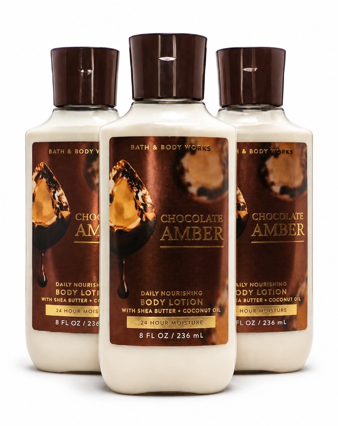 CHOCOLATE AMBER Bath & Body Works Body Lotion 3-Pack 8 oz bottles bundle on white background