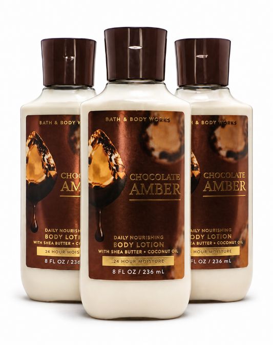 CHOCOLATE AMBER Bath & Body Works Body Lotion 3-Pack 8 oz bottles bundle on white background