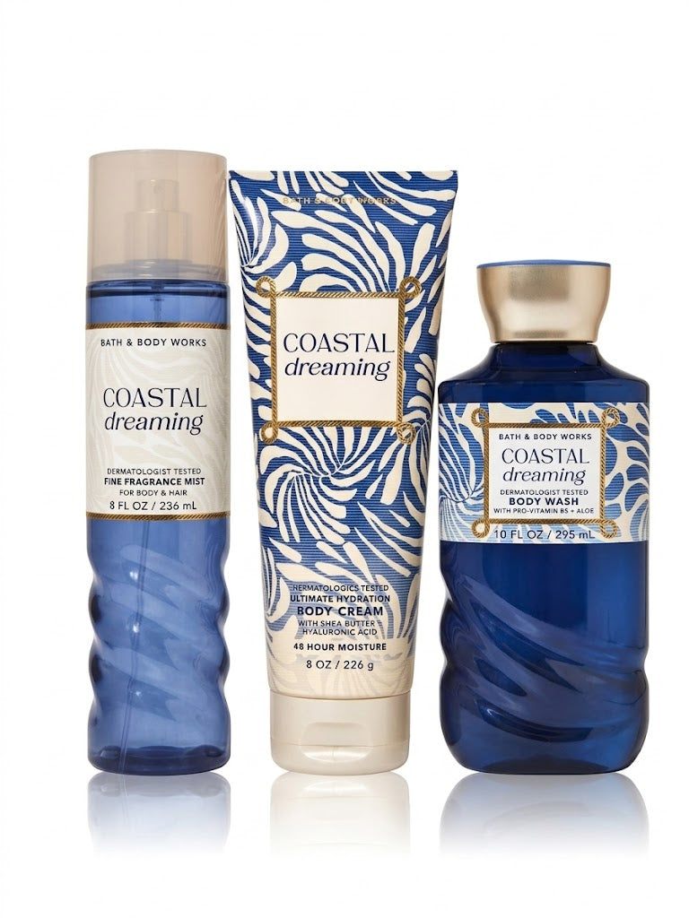 COASTAL DREAMING Bath & Body Works 3-step bundle with fragrance mist body cream and body wash full size set on white background