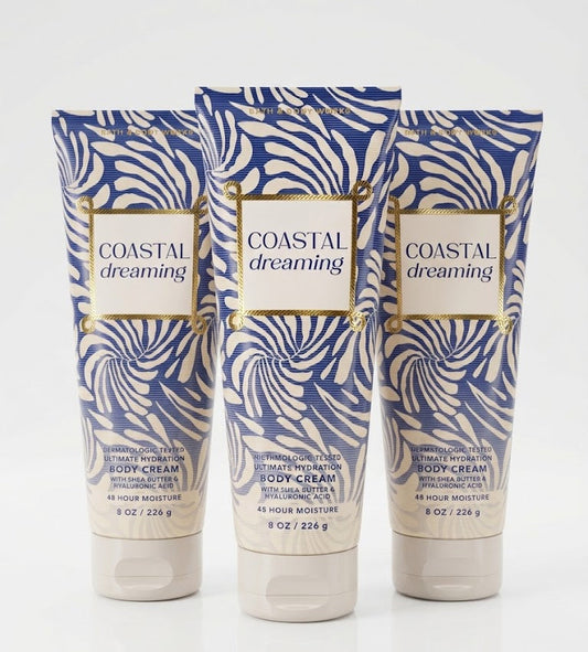 COASTAL DREAMING Bath & Body Works Body Cream 3-pack bundle with three 8 oz Ultra Shea Moisture body creams featuring fresh beach-inspired fragrance and long-lasting hydration