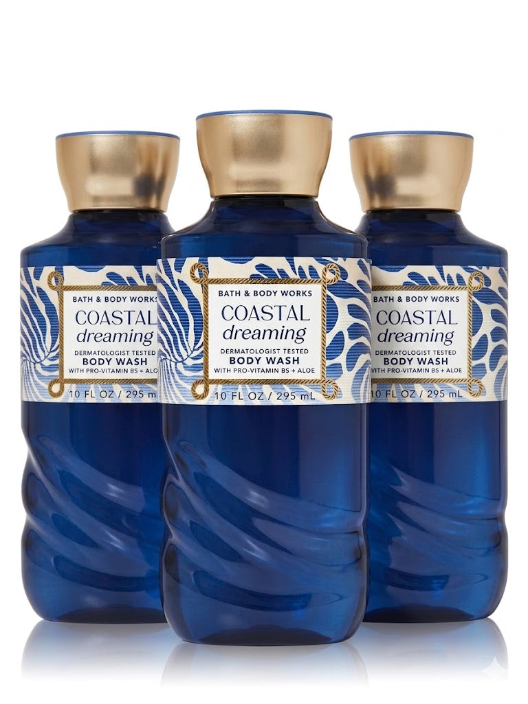 COASTAL DREAMING Bath & Body Works body wash 3-pack full size 10 oz bottles with fresh coastal fragrance on white background