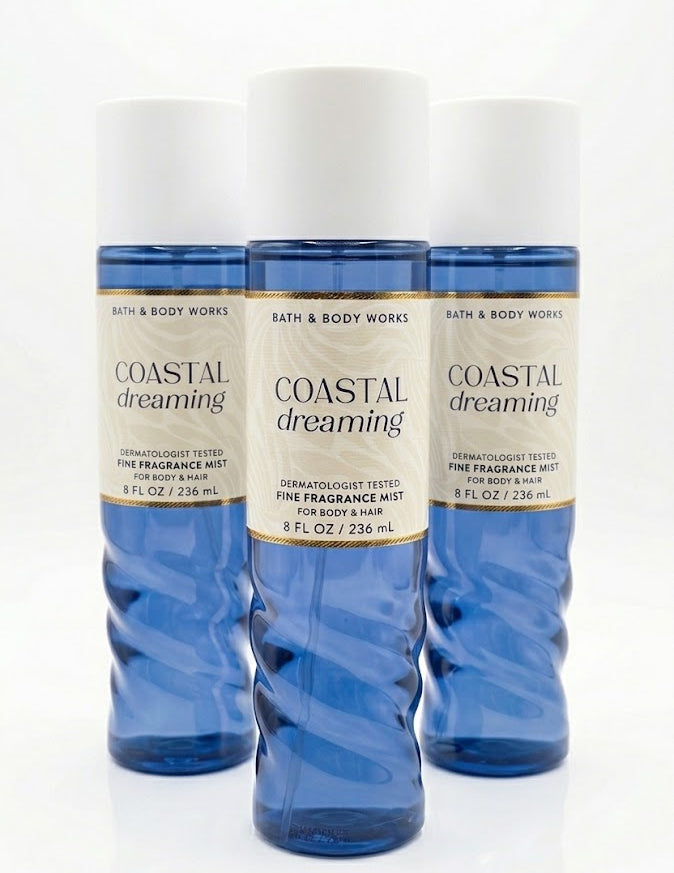 COASTAL DREAMING Bath & Body Works Fine Fragrance Mist 3-pack bundle with three 8 oz body sprays featuring fresh beach-inspired fragrance for body and hair