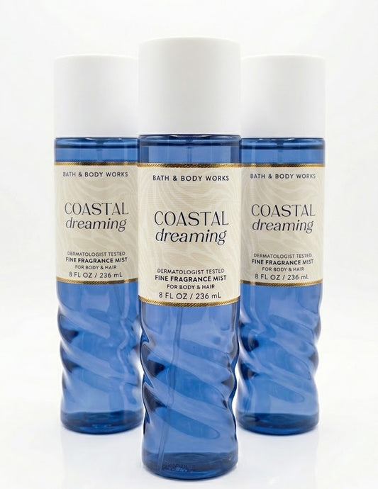 COASTAL DREAMING Bath & Body Works Fine Fragrance Mist 3-pack bundle with three 8 oz body sprays featuring fresh beach-inspired fragrance for body and hair