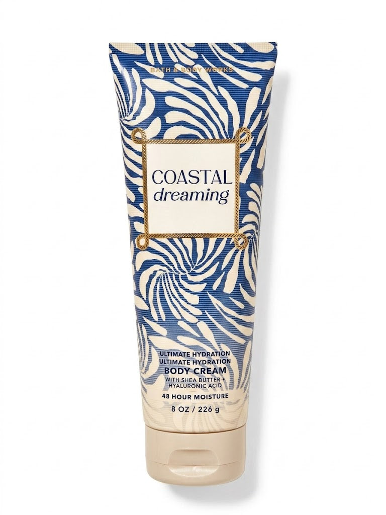 COASTAL DREAMING Bath & Body Works ultimate hydration body cream 8 oz with shea butter and hyaluronic acid on white background