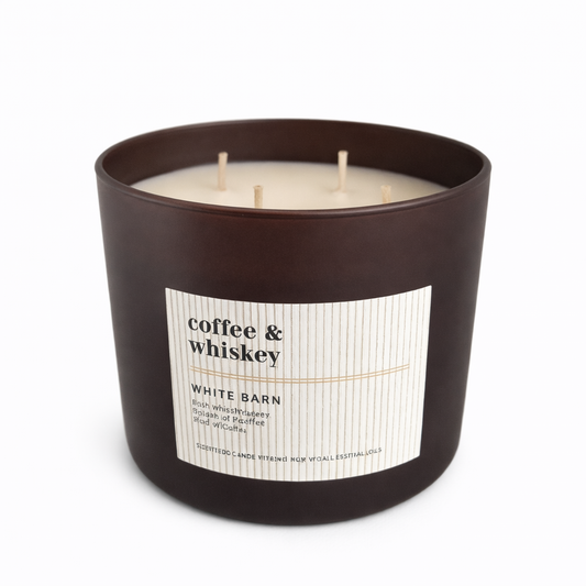 COFFEE & WHISKEY Bath & Body Works White Barn 3-Wick Candle 14.5 oz rich coffee whiskey scent warm masculine fragrance brown jar white background My Wrinkles Gone