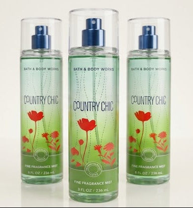 Country Chic Fine Fragrance Mist 3-Pack by Bath and Body Works featuring sparkling lemon, juicy pear, gardenia petals, wildflowers and blonde woods fragrance notes in full-size 8 oz body spray bottles.