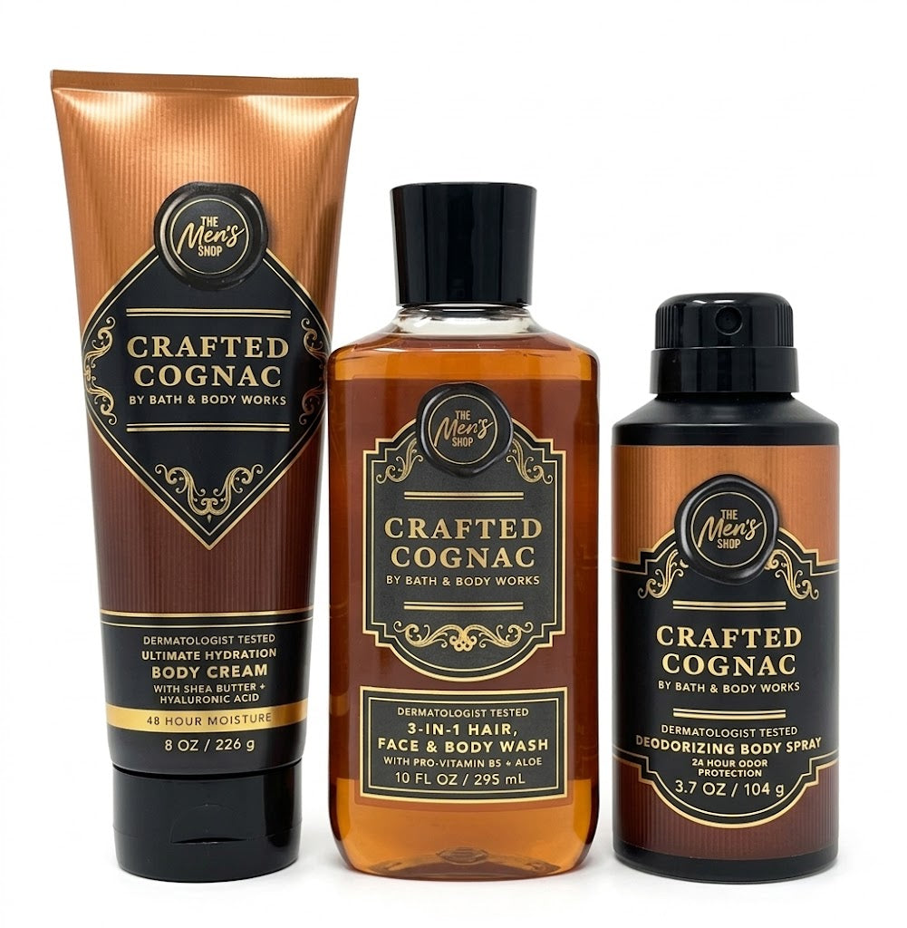 CRAFTED COGNAC Bath & Body Works Men’s 3-Step Set with Body Cream 8 oz, 3-in-1 Hair Face Body Wash 10 fl oz and Deodorizing Body Spray 3.7 oz – luxury masculine fragrance bundle by My Wrinkles Gone