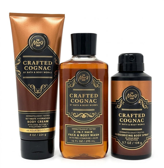 CRAFTED COGNAC Bath & Body Works Men’s 3-Step Set with Body Cream 8 oz, 3-in-1 Hair Face Body Wash 10 fl oz and Deodorizing Body Spray 3.7 oz – luxury masculine fragrance bundle by My Wrinkles Gone