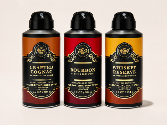Bath & Body Works Men's Collection Body Spray 3-Pack featuring CRAFTED COGNAC BOURBON and WHISKEY RESERVE deodorizing body sprays 3.7 oz each authentic men's fragrance bundle