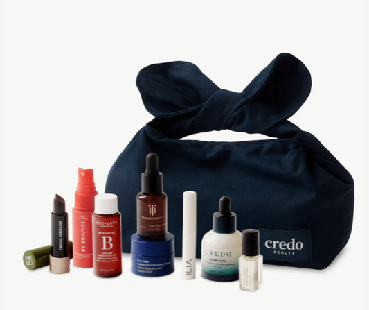 Credo Beauty Bestsellers Set featuring luxury clean beauty skincare makeup fragrance and wellness favorites from ILIA Tower 28 and True Botanicals