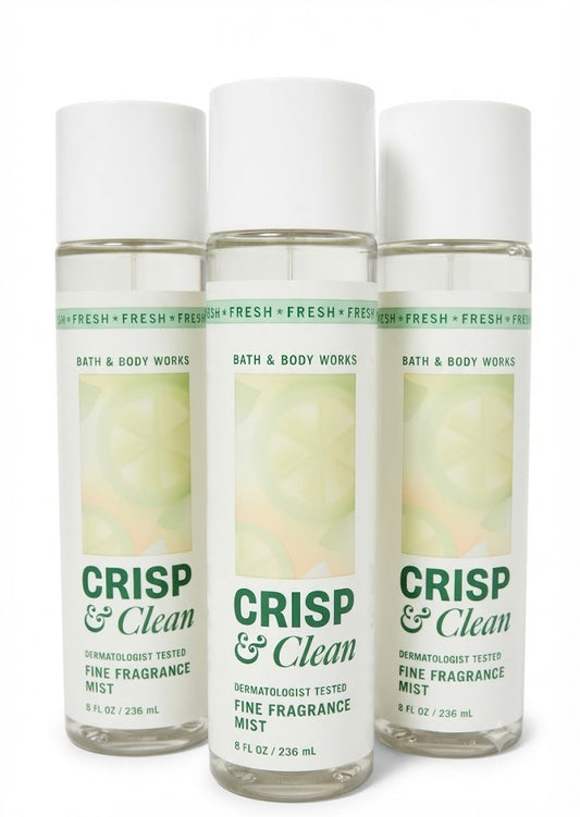 CRISP & CLEAN Bath & Body Works Fine Fragrance Mist 3-Pack, 8 oz each, fresh clean body spray bottles