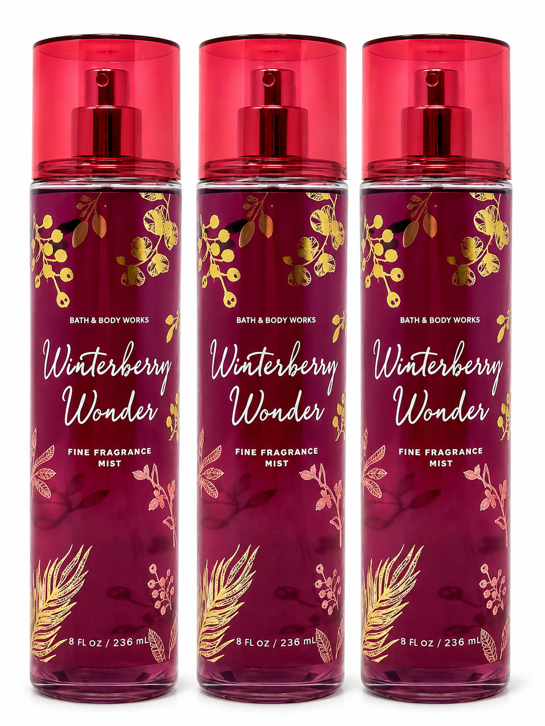 Three Bath & Body Works Winterberry Wonder Fine Fragrance Mist spray bottles lined up side by side on a white background.