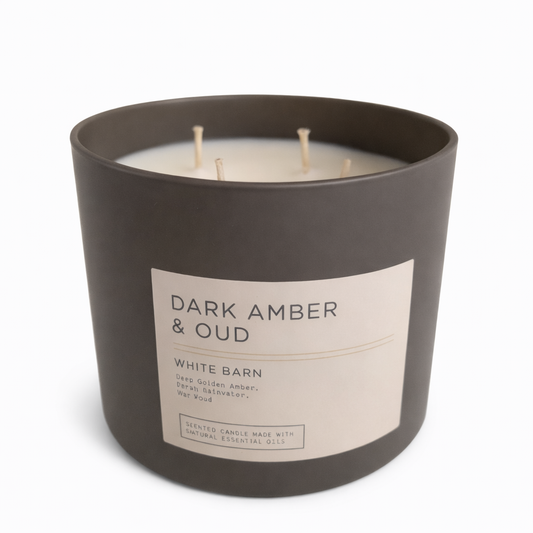 DARK AMBER & OUD Bath & Body Works White Barn 3-Wick Candle 14.5 oz deep amber wood scent rich masculine fragrance brown jar white background My Wrinkles Gone