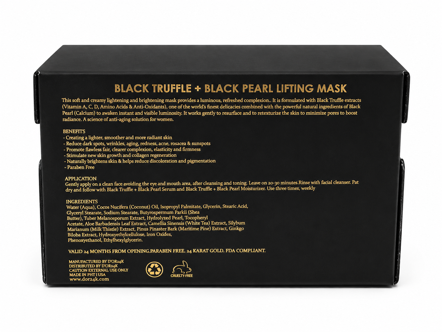 Back of D’OR24K Prestige Black Truffle + Black Pearl Lifting Mask showing ingredients and skincare benefits