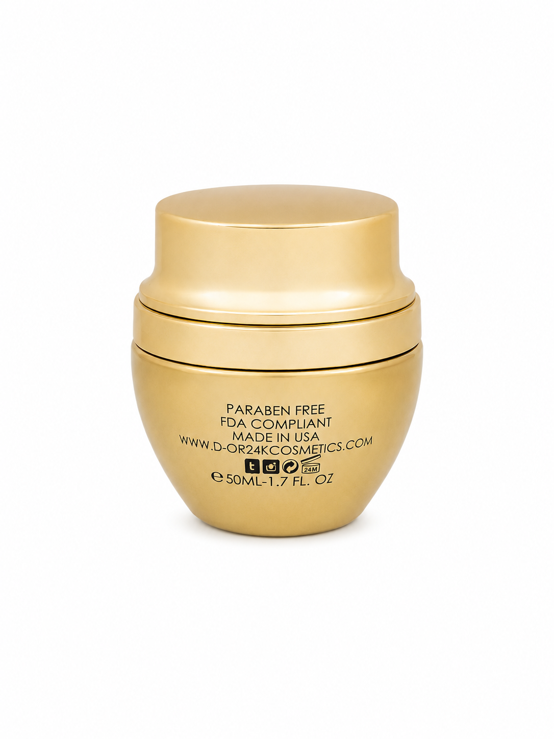 Back view of D’OR24K Prestige Perfection Black Truffle + Black Pearl Lifting Mask luxury skincare jar showing product details and premium gold finish