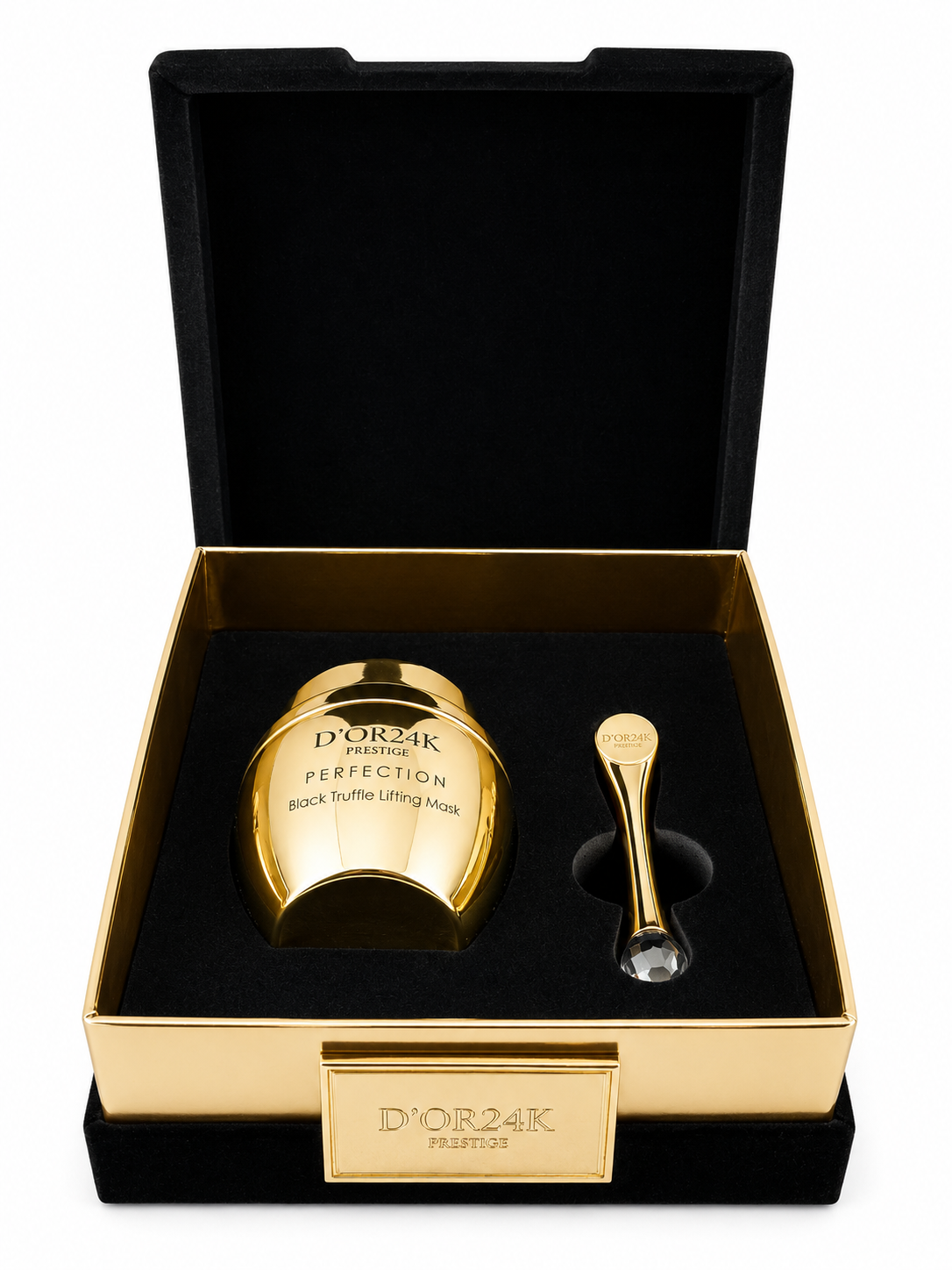 D’OR24K Prestige Black Truffle + Black Pearl Lifting Mask luxury open velvet presentation box with gold applicator