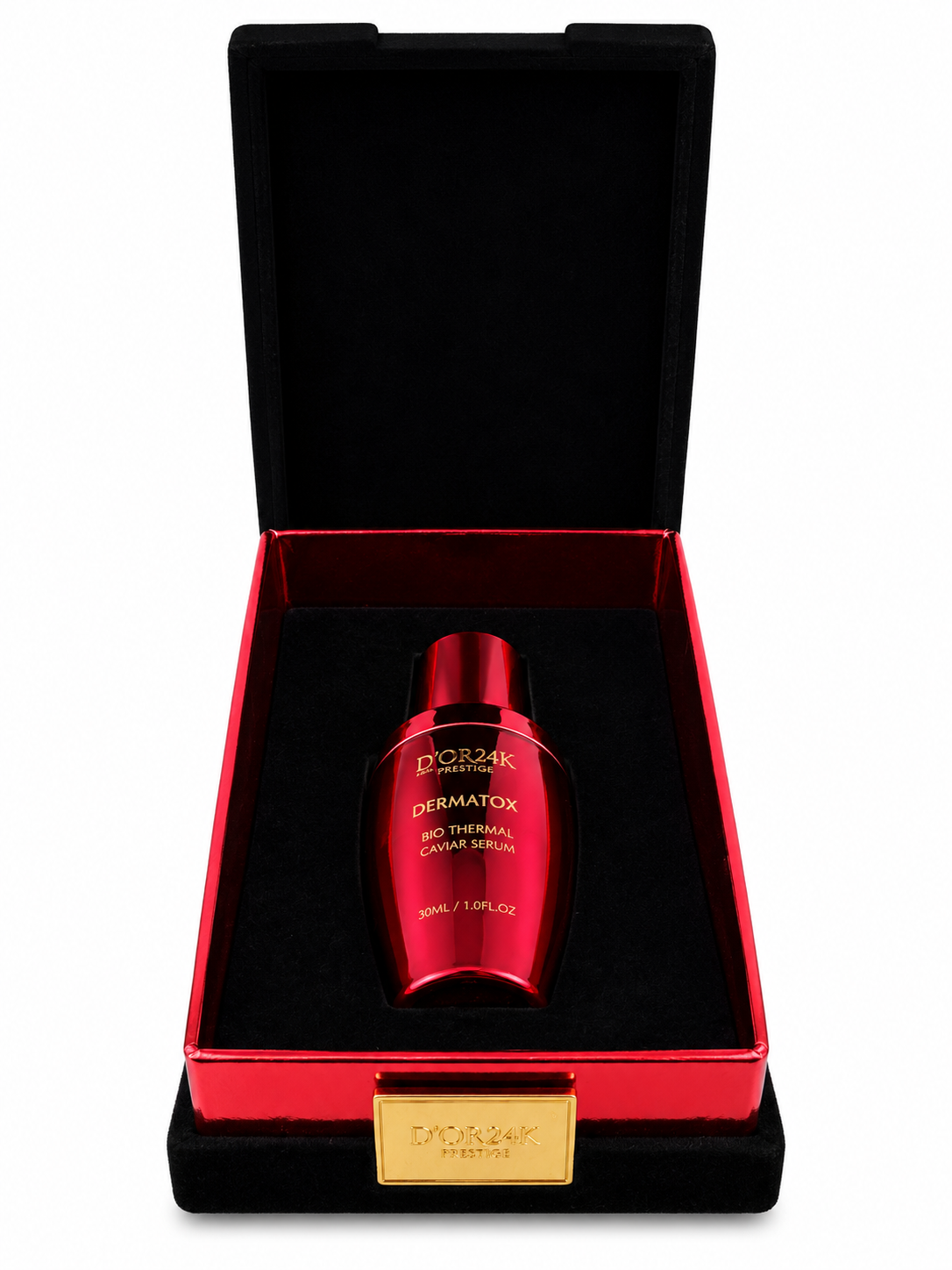D’OR24K Prestige DERMATOX Bio Thermal Caviar Serum luxury velvet presentation box with premium skincare display