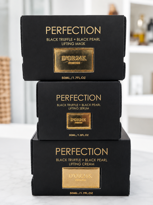 D'OR24K Prestige Perfection Black Truffle and Black Pearl luxury skincare set featuring lifting mask, serum, and lifting cream in elegant black and gold packaging