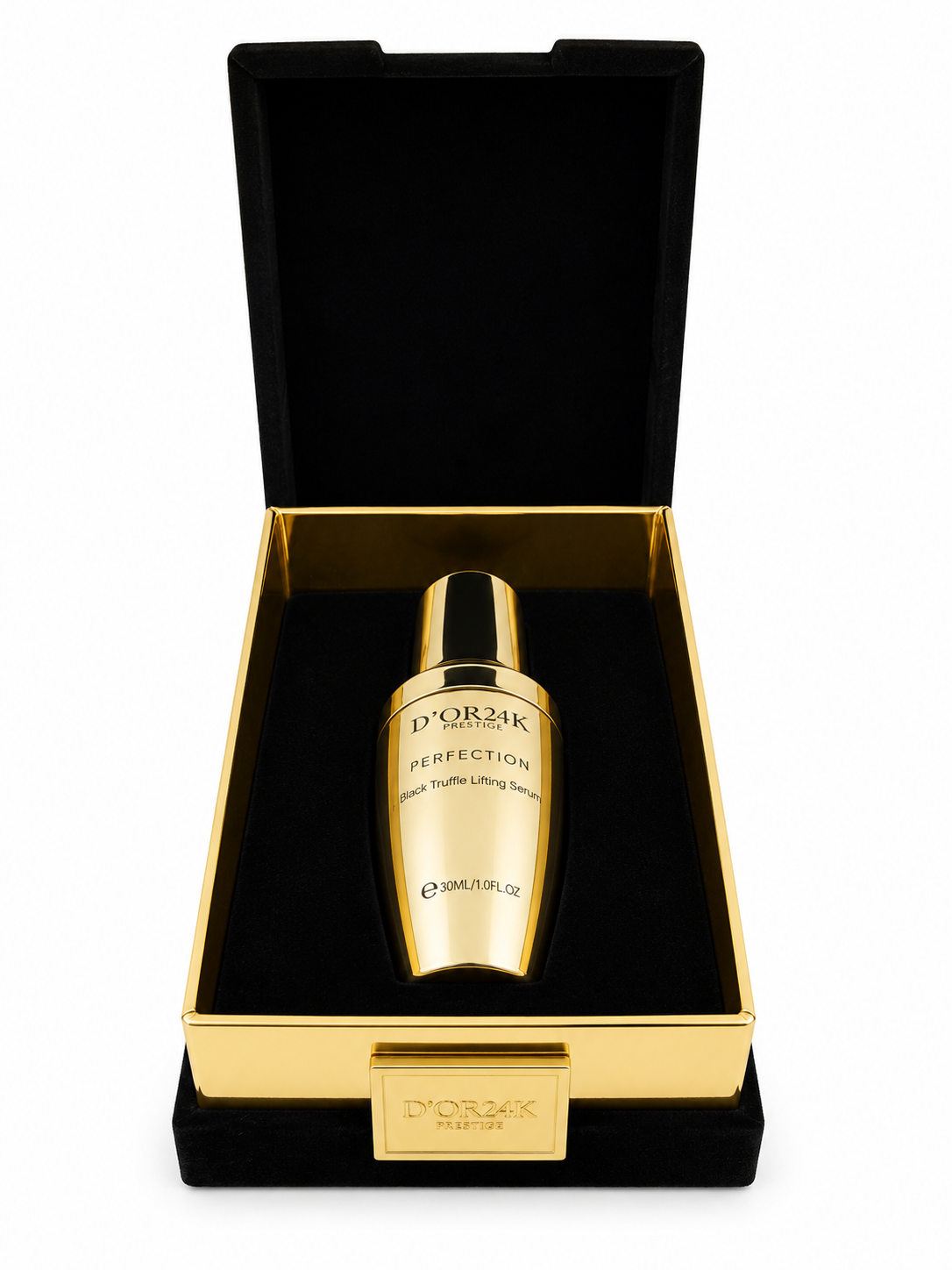 D'OR24K Prestige Perfection Black Truffle Lifting Serum luxury interior presentation box with gold serum bottle on black velvet display